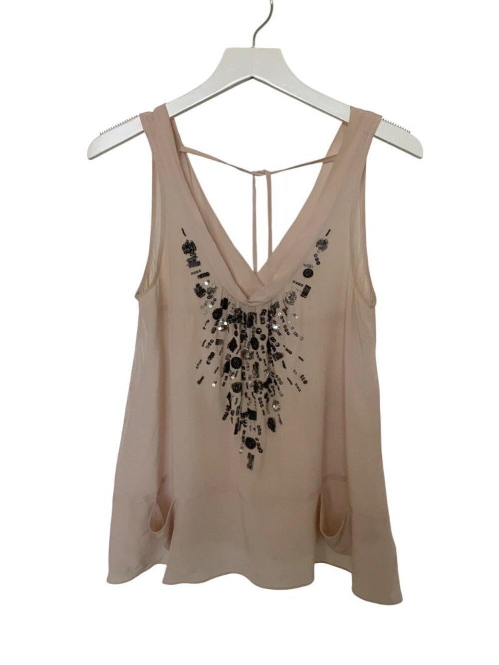 Rebecca Taylor Embellished Blush Sleeveless Top With Tassel Ties